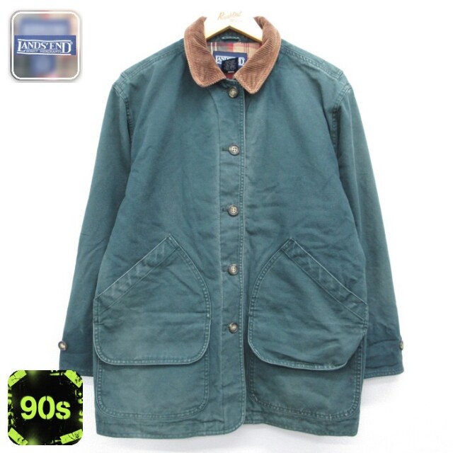 古着 LANDS'END ランズエンド 長袖 レディース 90年代 90s ハンティングジャケット カバーオール フラップポケット コットン グリーン チェック 26sep17