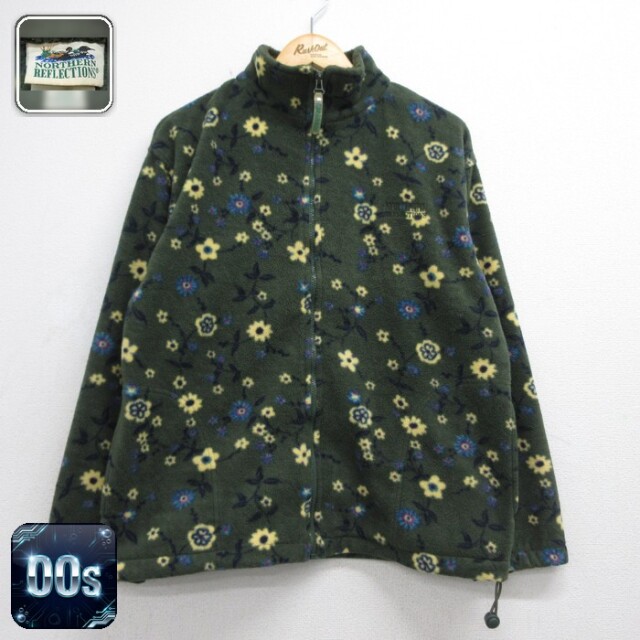 古着 長袖 フルジップ レディース 00年代 00s ジャケット 花柄 フリース ポリエステル 総柄 カーキ 26sep18