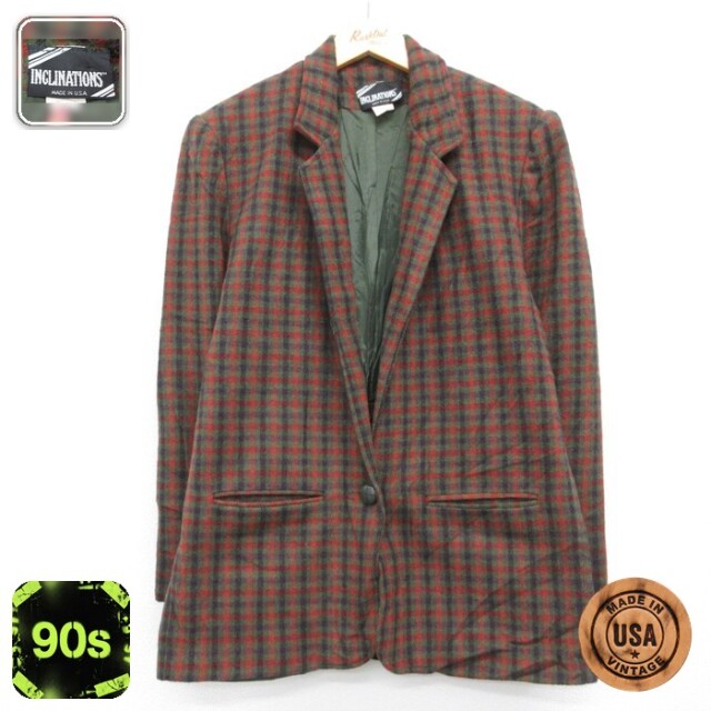 古着 INCLINATIONS 長袖 レディース 90年代 90s テーラード ジャケット ウール チェック USA製 カーキ 26sep28