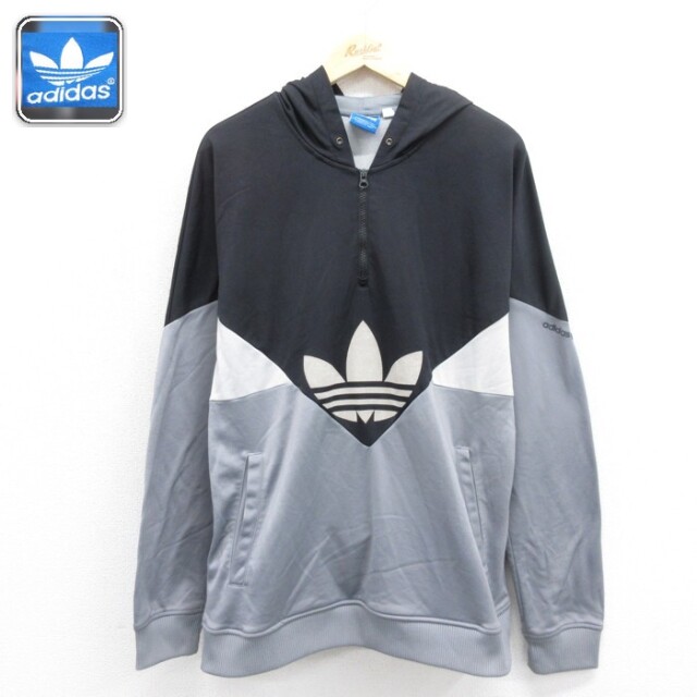 古着 アディダス adidas 長袖 ハーフジップ パーカー レディース ジャージ トレフォイル 切り替え グレー 26sep29