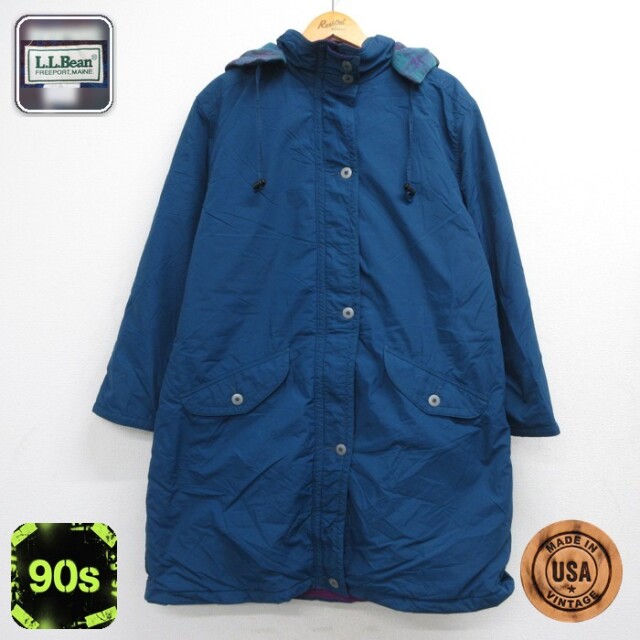 古着 L.L.Bean エルエルビーン 長袖 ナイロン レディース 90年代 90s 大きいサイズ ロング丈 ジャケット コート フラップポケット チェック裏地 USA製 ブルー 26oct05