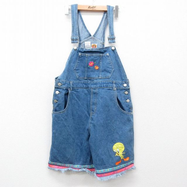 古着 オーバーオール レディース 90年代 90s ルーニーテューンズ LOONEY TUNES トゥイーティー 花 刺繍 コットン 紺 ネイビー デニム 【spe】 25jun27 中古 ボトムス