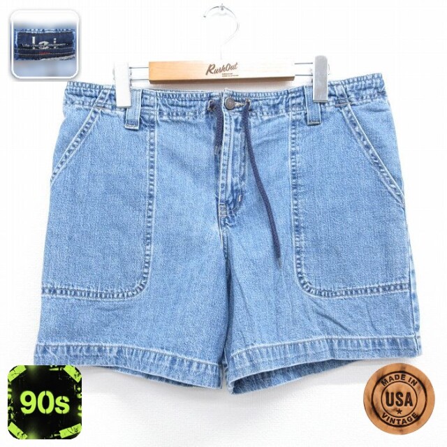 古着 ショート ベイカー パンツ ショーツ レディース 90年代 90s コットン USA製 タロン ネイビー デニム 26aug06