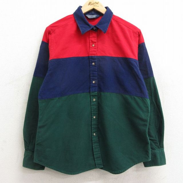【50%OFF】古着 ランズエンド 長袖 フランネル シャツ レディース 90年代 90s マルチカラー コットン 紺他 ネイビー 【spe】 24jan17 中古 ブラウス トップス