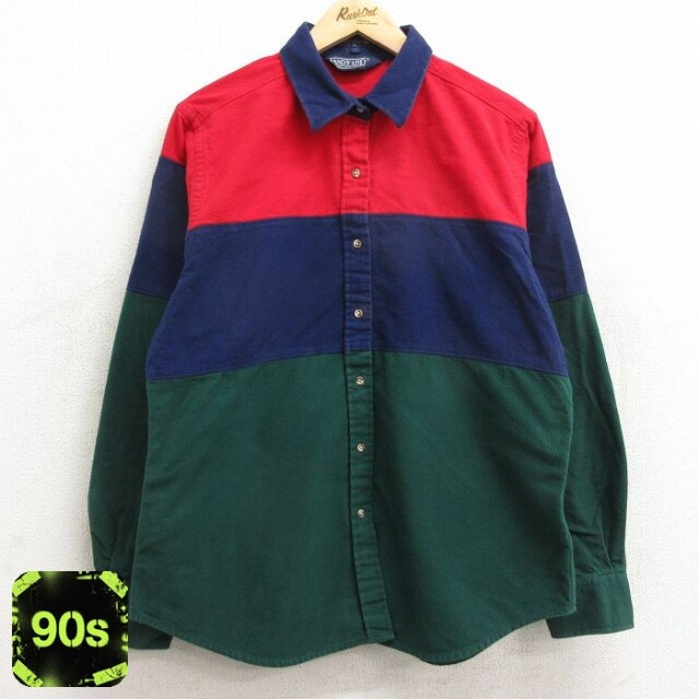 【50%OFF】古着 ランズエンド 長袖 フランネル シャツ レディース 90年代 90s マルチカラー コットン 紺他 ネイビー 【spe】 24jan17 中古 ブラウス トップス