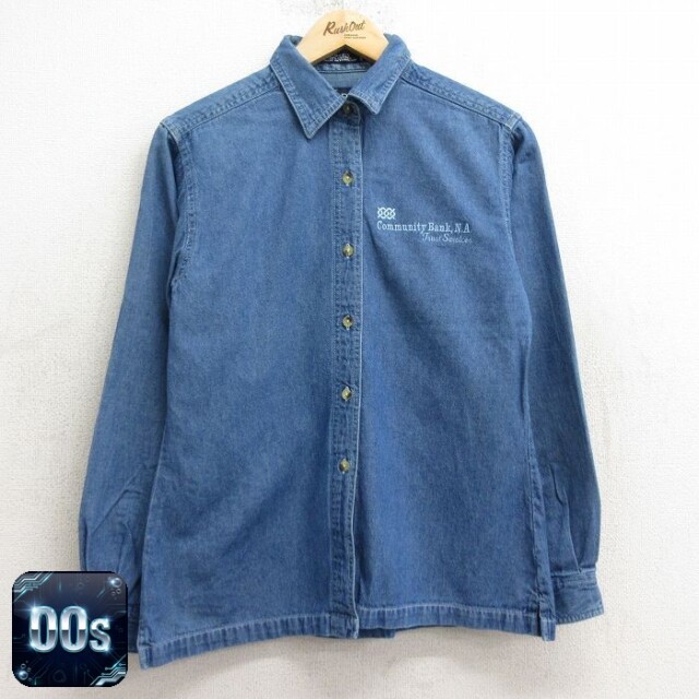【50%OFF】古着 長袖 シャツ レディース 00年代 00s コミュニティ バンク コットン 紺 ネイビー デニム 24oct10 中古 ブラウス トップス