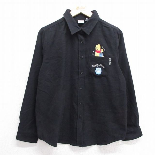 【50%OFF】古着 長袖 シャツ レディース ディズニー DISNEY くまのプーさん 黒 ブラック 25jan29 中古 ブラウス トップス