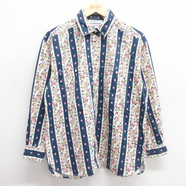 古着 長袖 ウエスタン シャツ レディース 花柄 コットン 紺他 ネイビー ストライプ 25mar27 中古 ブラウス トップス