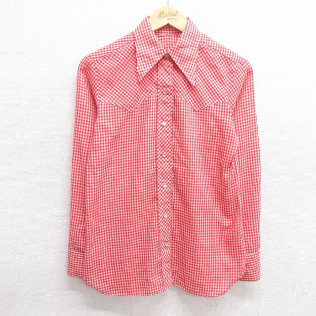 古着 長袖 ウエスタン シャツ レディース 70年代 70s 赤他 レッド ギンガム チェック 25mar27 中古 ブラウス トップス