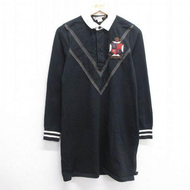 古着 ラルフローレン Ralph Lauren ラグビー 長袖 ラガー シャツ ワンピース レディース ワンポイントロゴ ロング丈 コットン 黒 ブラック 【spe】 25mar27 中古 ブラウス トップス