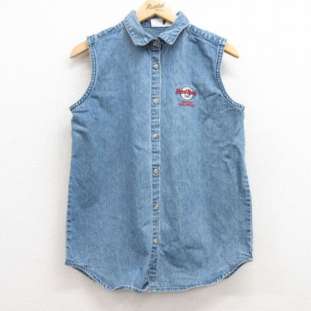 古着 ノースリーブ シャツ レディース 00年代 00s ハードロックカフェ フィリピン 紺 ネイビー デニム 25jun27 中古 ブラウス トップス