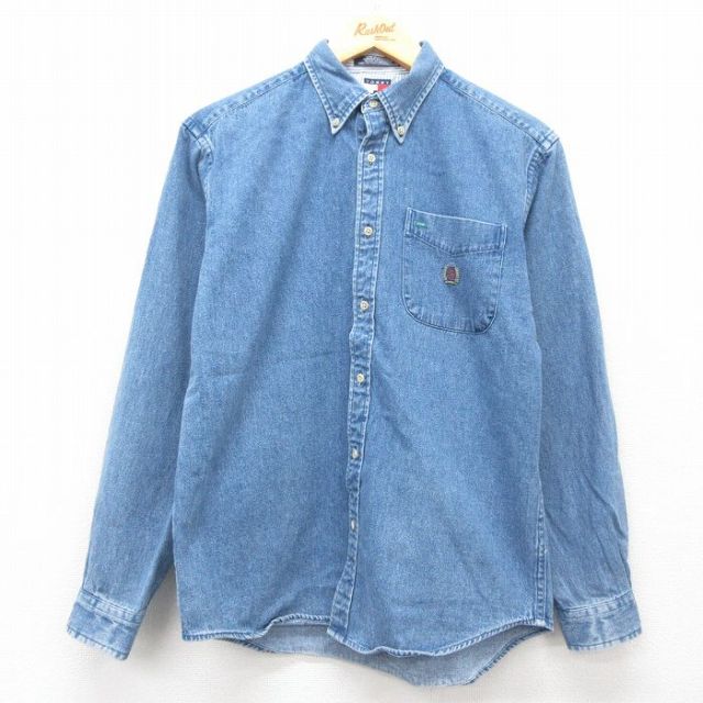 古着 トミーヒルフィガー TOMMY HILFIGER 長袖 ブランド シャツ レディース 90年代 90s ワンポイントロゴ コットン ボタンダウン 紺 ネイビー デニム 25jun27 中古 ブラウス トップス