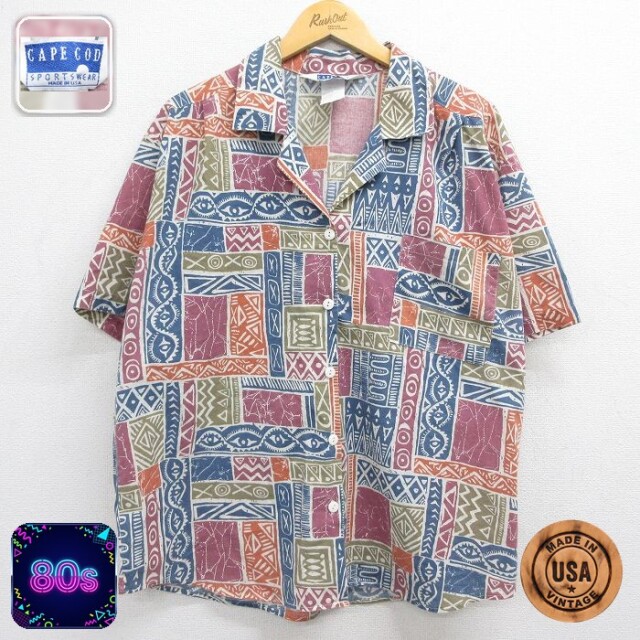 【20%OFF】古着 半袖 シャツ レディース 80年代 80s 総柄 大きいサイズ 開襟 オープンカラー  USA製 ネイビー他 26may15