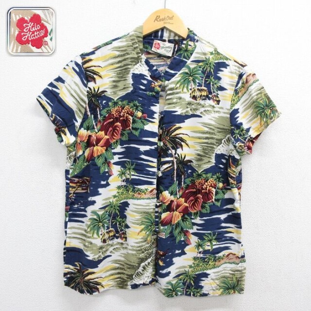 【20%OFF】古着 半袖 ハワイアン シャツ レディース ヤシの木 レーヨン ノーカラー ハワイ製 ネイビー 26may15