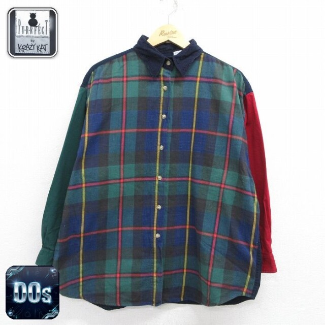 【20%OFF】古着 長袖 シャツ レディース 00年代 00s クレイジーパターン 大きいサイズ コットン グリーン他 チェック 26may15