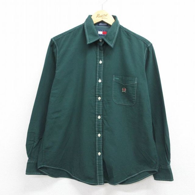 古着 トミーヒルフィガー トミージーンズ 長袖 ブランド シャツ レディース 90年代 90s ワンポイントロゴ コットン グリーン 26may15