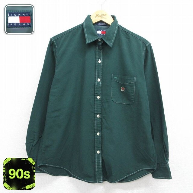 【20%OFF】古着 トミーヒルフィガー トミージーンズ 長袖 ブランド シャツ レディース 90年代 90s ワンポイントロゴ コットン グリーン 26may15