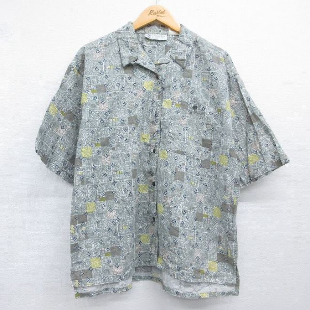 古着 コロンビア 半袖 シャツ レディース 90年代 90s 総柄 大きいサイズ リネン 開襟 オープンカラー グレー 26jun11