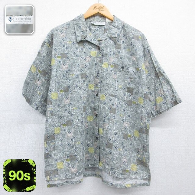 【20%OFF】古着 コロンビア 半袖 シャツ レディース 90年代 90s 総柄 大きいサイズ リネン 開襟 オープンカラー グレー 26jun11