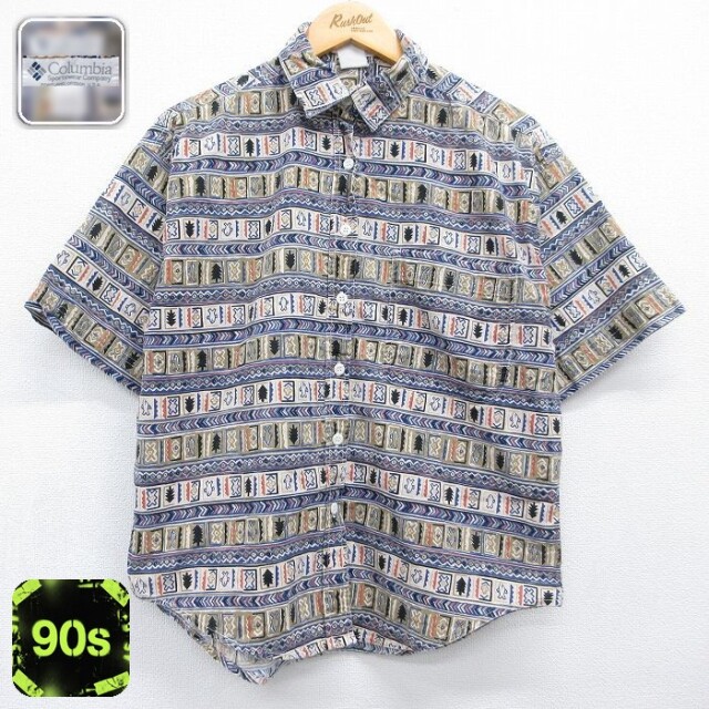 【20%OFF】古着 コロンビア 半袖 シャツ レディース 90年代 90s 総柄 ネイビー 26jun11