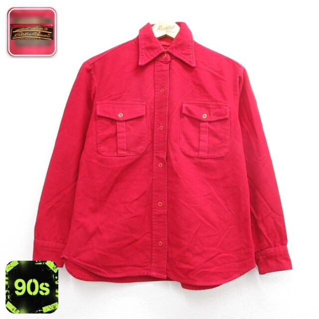 古着 Eddie Bauer エディーバウアー 長袖 シャツ フラップポケット コットン 90年代 90s レディース フランネル レッド 26aug26