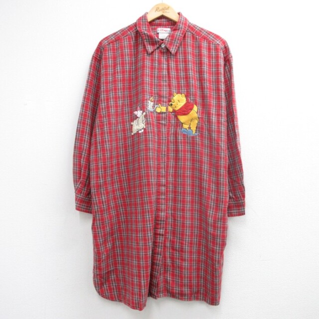 古着 Disney Store レッドチェ 長袖 シャツ 90年代 90s レディース ディズニー くまのプーさん いっぱい フランネル ロング コットン チェック【spe】 26aug26