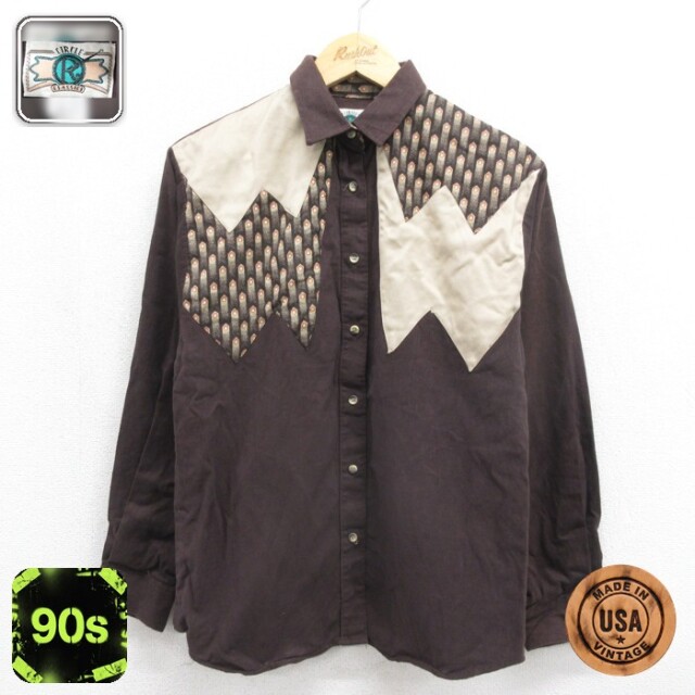 古着 Rockit 長袖 シャツ レディース 90年代 90s 切り替え コットン USA製 バーガンディ 26sep29