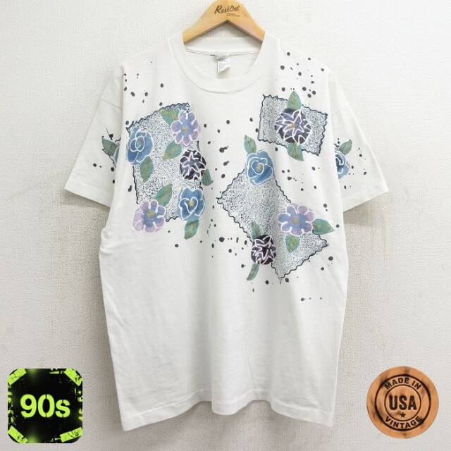 【50%OFF】古着 半袖 ビンテージ Tシャツ レディース 90年代 90s 花 ハンドペイント 大きいサイズ クルーネック USA製 白 ホワイト 24mar16 中古