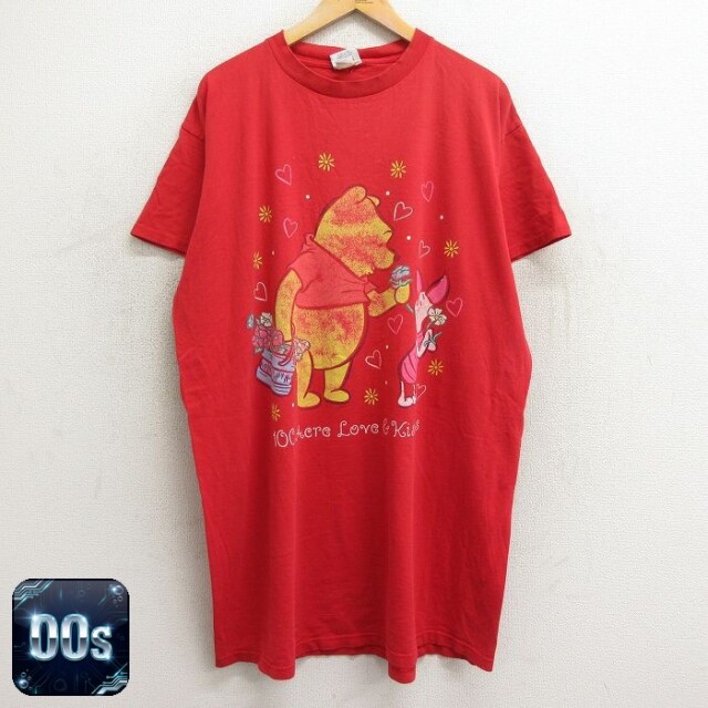 【50%OFF】古着 半袖 ビンテージ Tシャツ ワンピース レディース 00年代 00s ディズニー DISNEY くまのプーさん ピグレット 大きいサイズ ロング丈 コットン クルーネック 赤 レッド 24apr15 中古