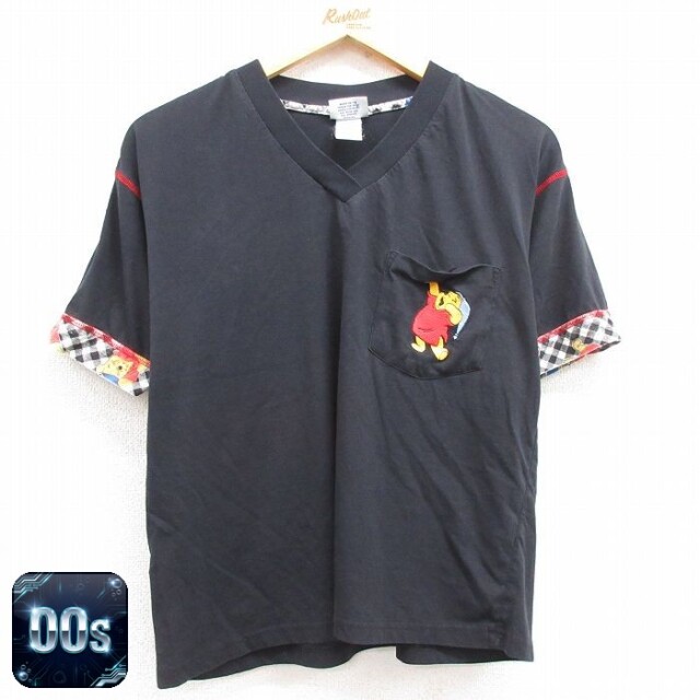 【50%OFF】古着 半袖 ビンテージ Tシャツ レディース 00年代 00s ディズニー DISNEY くまのプーさん 胸ポケット付き Vネック 黒 ブラック 24jun03 中古