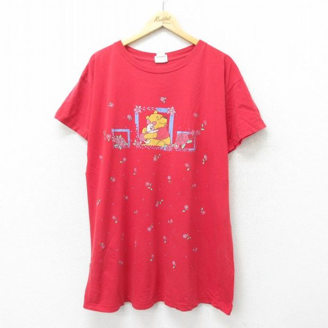 【50%OFF】古着 半袖 ビンテージ Tシャツ ワンピース レディース 00年代 00s ディズニー DISNEY くまのプーさん 大きいサイズ ロング丈 コットン クルーネック 赤 レッド 24jul05 中古