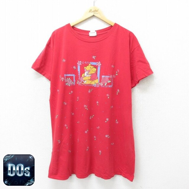 【50%OFF】古着 半袖 ビンテージ Tシャツ ワンピース レディース 00年代 00s ディズニー DISNEY くまのプーさん 大きいサイズ ロング丈 コットン クルーネック 赤 レッド 24jul05 中古