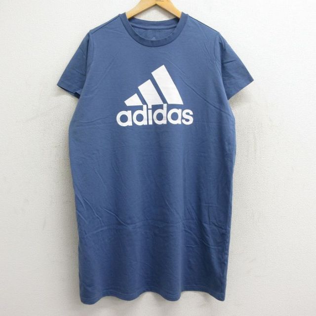 【50%OFF】古着 アディダス adidas 半袖 Tシャツ ワンピース レディース ビッグロゴ コットン クルーネック 薄紺 ネイビー 24jul24 中古