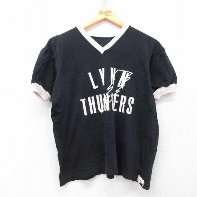 【50%OFF】古着 半袖 ビンテージ Tシャツ レディース 90年代 90s LYNN THUNDERS Vネック 黒 ブラック 25may08 中古