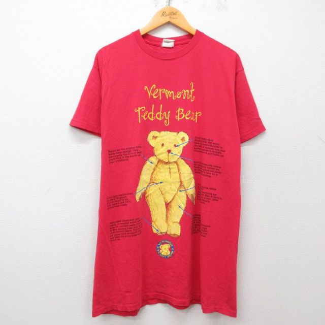 【50%OFF】古着 半袖 ビンテージ Tシャツ レディース 90年代 90s クマ テディベア ロング丈 コットン クルーネック USA製 赤 レッド 25may08 中古