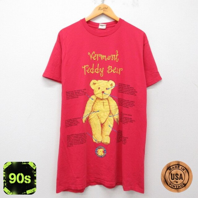 【50%OFF】古着 半袖 ビンテージ Tシャツ レディース 90年代 90s クマ テディベア ロング丈 コットン クルーネック USA製 赤 レッド 25may08 中古