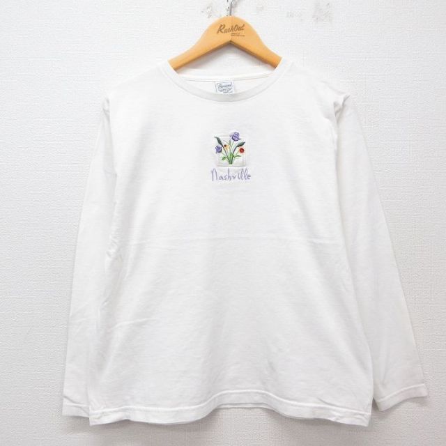 古着 長袖 ビンテージ Tシャツ レディース 00年代 00s 花 刺繍 コットン クルーネック 白 ホワイト 25may08 中古