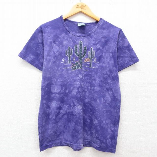【50%OFF】古着 半袖 ビンテージ Tシャツ レディース 90年代 90s サボテン ラインストーン コットン クルーネック USA製 紫他 パープル タイダイ 25may08 中古