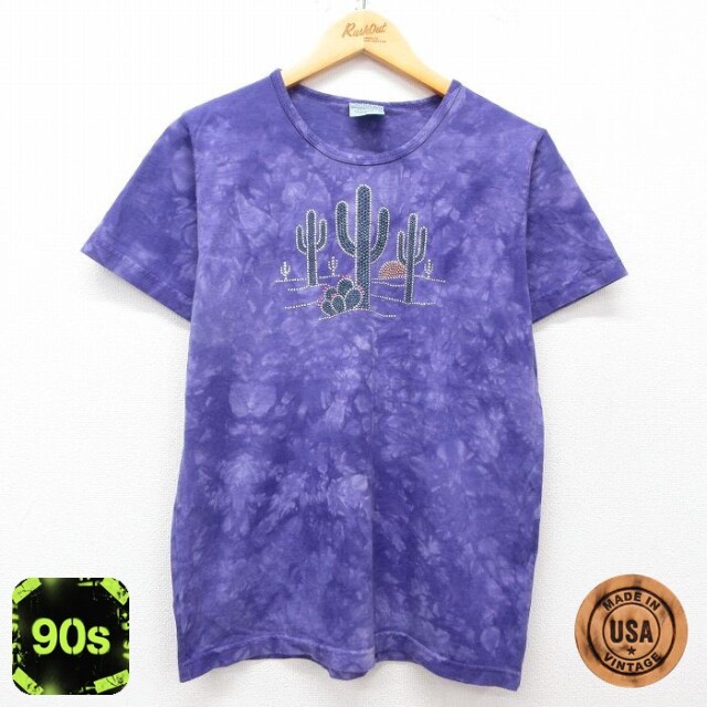 【50%OFF】古着 半袖 ビンテージ Tシャツ レディース 90年代 90s サボテン ラインストーン コットン クルーネック USA製 紫他 パープル タイダイ 25may08 中古