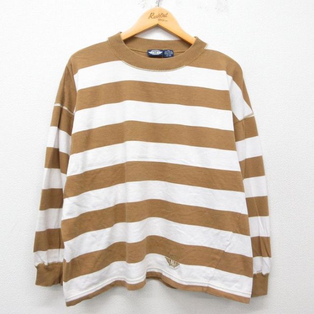 【50%OFF】古着 ドッカーズ 長袖 ビンテージ Tシャツ レディース 90年代 90s ワンポイントロゴ 大きいサイズ コットン クルーネック ベージュ他 カーキ ボーダー 25may08 中古