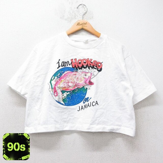 【50%OFF】古着 半袖 ビンテージ Tシャツ レディース 90年代 90s 魚 ジャマイカ ショート丈 クルーネック 白 ホワイト 25sep01 中古