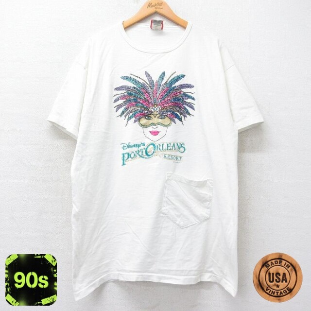 【50%OFF】古着 半袖 ビンテージ Tシャツ ワンピース レディース 90年代 90s ディズニー DISNEY ポートオーリンズ ラメ ポケット付き 大きいサイズ ロング丈 コットン クルーネック USA製 白 ホワイト 25sep01 中古