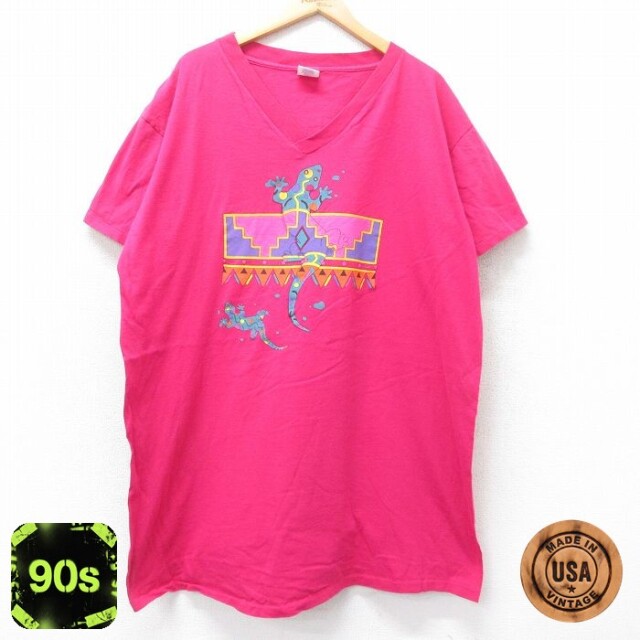 【50%OFF】古着 半袖 ビンテージ Tシャツ ワンピース レディース 90年代 90s トカゲ 大きいサイズ ロング丈 コットン Vネック USA製 濃ピンク 25sep01 中古