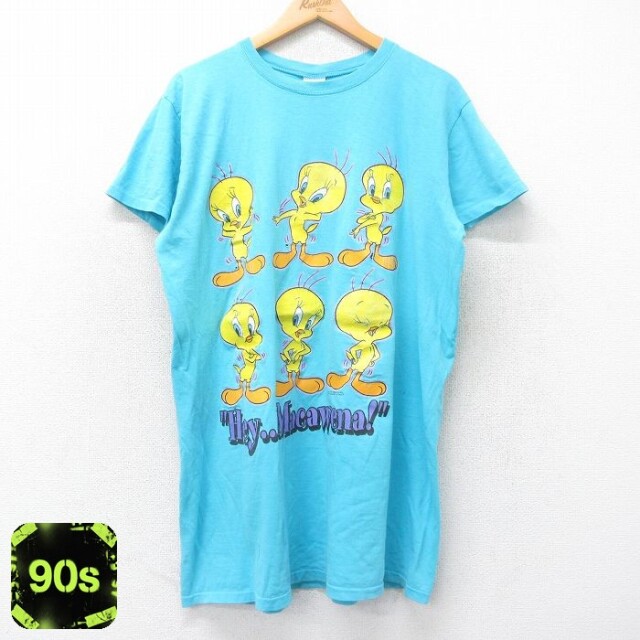 【50%OFF】古着 半袖 Tシャツ ワンピース レディース 90年代 90s ルーニーテューンズ LOONEY TUNES トゥイーティー ロング丈 コットン クルーネック 水色 25sep01 中古