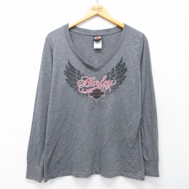 古着 ハーレーダビッドソン 長袖 Tシャツ レディース ビッグロゴ Vネック USA製 グレー 霜降り【spe】 26mar28