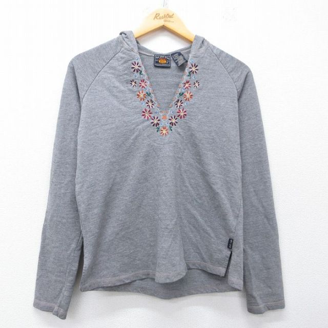 古着 ルート66 長袖 ビンテージ Tシャツ パーカー レディース 00年代 00s 花 刺繍 ラグラン グレー 霜降り 26mar28
