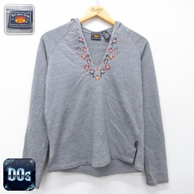 【20%OFF】古着 ルート66 長袖 ビンテージ Tシャツ パーカー レディース 00年代 00s 花 刺繍 ラグラン グレー 霜降り 26mar28