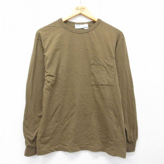 古着 長袖 ビンテージ Tシャツ レディース 90年代 90s 無地 胸ポケット付き コットン クルーネック 緑系 26mar28