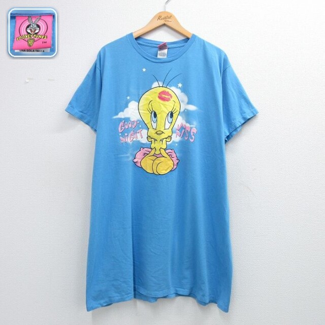 【20%OFF】古着 半袖 Tシャツ レディース ルーニーテューンズ トゥイーティー 大きいサイズ ロング丈 コットン クルーネック 薄紺 26may07