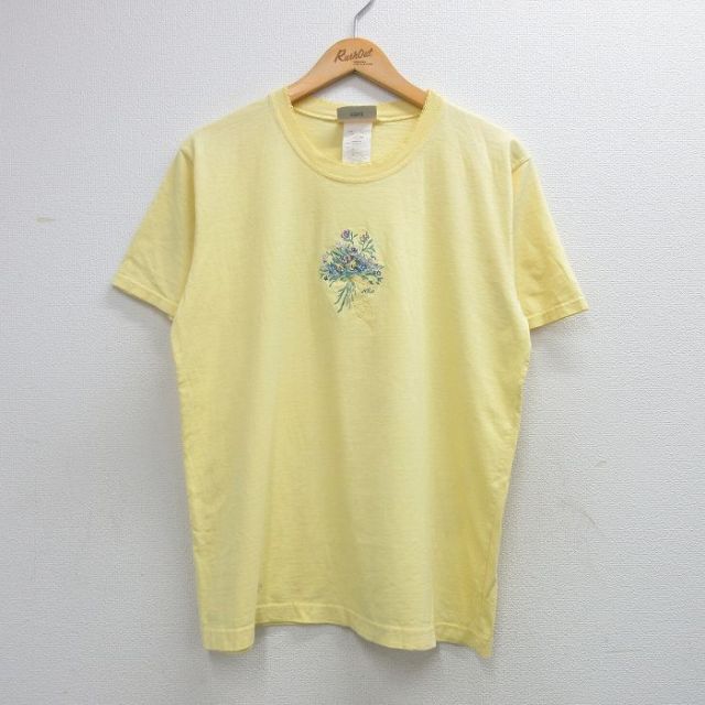 古着 半袖 ビンテージ Tシャツ レディース 00年代 00s 花 刺繍 コットン クルーネック カナダ製 黄 26may07